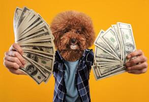 A fluffy dog in a playful outfit is joyfully holding large bundles of cash with both paws. The bright yellow background enhances the cheerful atmosphere, making it a lively and humorous display. photo