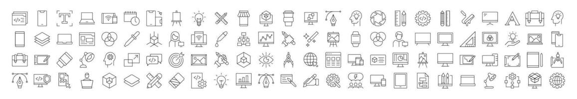 Line Signs of programming, coding, web design, engineering for Adverts. Suitable for books, stores, shops. Editable stroke in minimalistic outline style. Symbol for design vector
