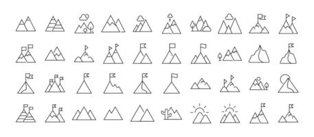 Collection of icons of mountains as symbol of travel and hiking for Advertisement. Suitable for books, stores, shops. Editable stroke in minimalistic outline style. Symbol for design vector