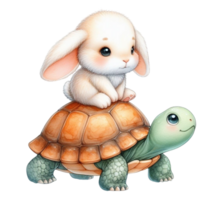 A cute bunny and turtle are riding on top of each other png