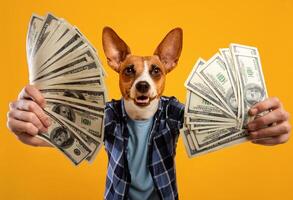 A dog with a human head and body is holding two fans of US dollar bills in its hands. The dog has a happy expression, and the background is a bright yellow color. photo