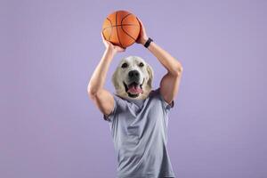 In a playful twist, a person is captured mid-shot while playing basketball, but with a dog's head instead of a human's. The vibrant purple backdrop enhances the whimsical nature of the moment photo