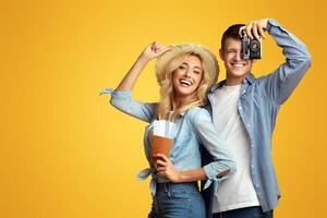 Ready for travel. Happy millennial couple holding passport with tickets and retro photocamera over yellow studio background with free space photo