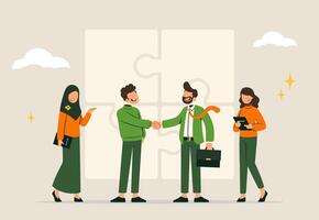 Diverse Team Collaborating, Handshake, Puzzle Pieces vector