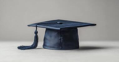 A black graduation cap rests on a plain surface, showcasing its tassel and classic design, symbolizing academic achievement. photo