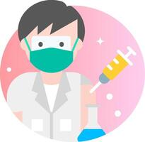 A man in a lab coat holding a syringe and a syringe vector