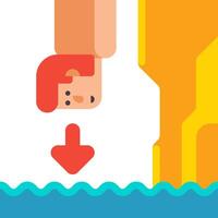 A man is hanging off of a cliff with an arrow pointing down vector