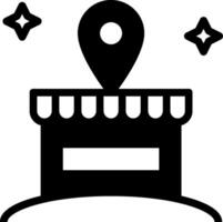 A black and white icon of a store with a map pointer vector