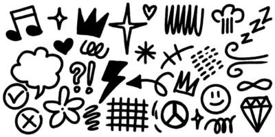 Bold brush Hand drawn doodle style collection of heart, scribble, star, check mark, spirals, flower, diamond, sparkles, leaves, wind, lightning, and emphasis element. vector