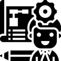 A black and white icon of a man holding a pencil and a computer vector