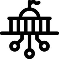 A black and white icon of a building with a clock vector