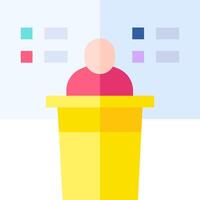 A person sitting at a podium with a computer screen behind them vector