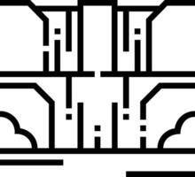 A black and white drawing of a building with a clock vector