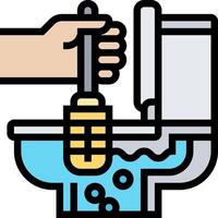 A hand is holding a toothbrush over a toilet vector