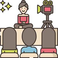 A woman is sitting in front of a camera and a man is standing behind her vector