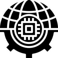 A black and white logo of a globe with a computer chip vector