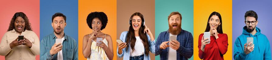 A group of seven friends express various emotions while interacting with their smartphones, set against vibrant colored backgrounds. Each person showcases their unique style and mood. photo