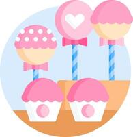 A pink cake with cupcakes on top and a heart on top vector