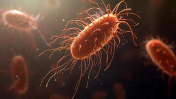 A microscopic image of a bacteria with many flagella, thin appendages used for movement, extending from its surface. Other bacteria are visible in the background. photo