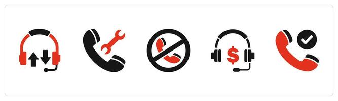 A set of 5 Contact icons as sychronize headphone, call maintenance, call prohibited vector