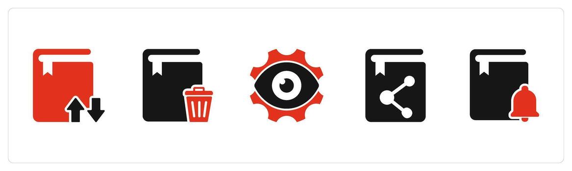 A set of 5 Document icons as synchronize book, trash book, view settings vector