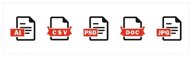 A set of 5 Document icons as ai file, csv file, file vector