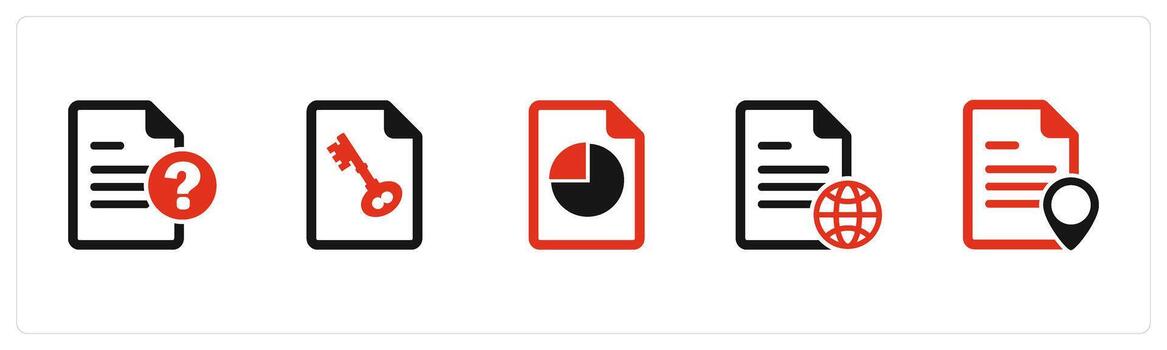 un conjunto de 5 5 documento íconos como pregunta, página seguridad, tarta gráfico vector