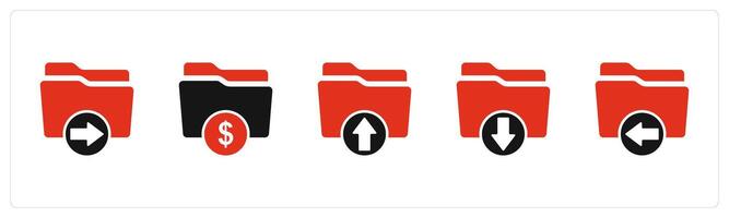 A set of 5 Document icons as search folder, finance folder, upload folder vector