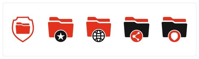 A set of 5 Document icons as file security, favorite folder, international folder vector