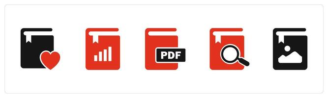 A set of 5 Document icons as favorite book, graph book, pdf book vector