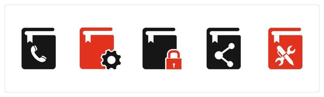 A set of 5 Document icons as contact book, book setting, book security vector