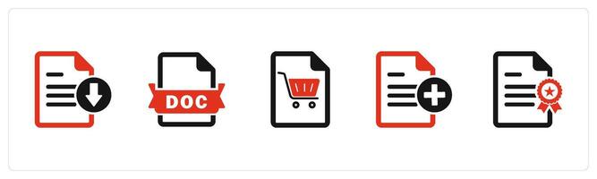 A set of 5 Document icons as download file, doc file, shopping list vector