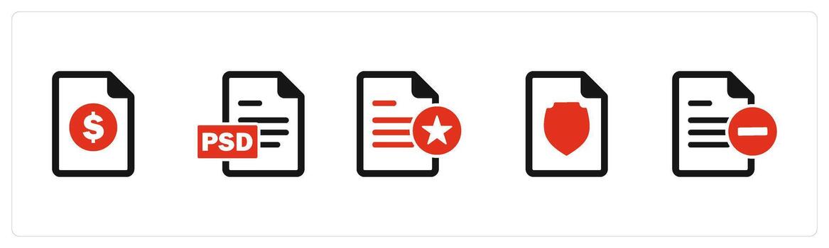 A set of 5 Document icons as invoice, file, favorite document vector