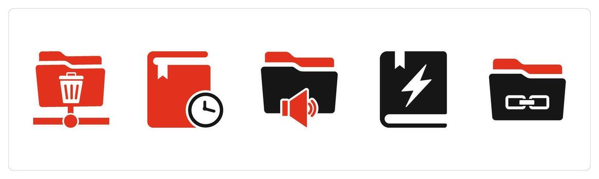 A set of 5 Document icons as trash folder, study on time, audio folder vector