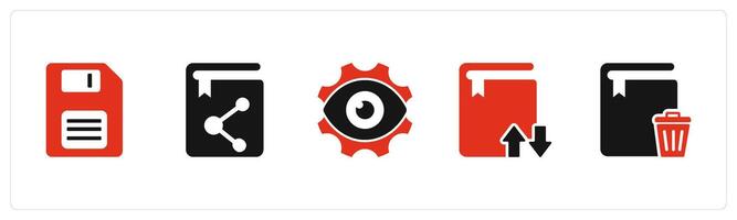 A set of 5 Document icons as memory card, share book, view settings vector