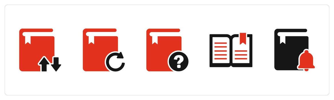 un conjunto de 5 5 documento íconos como sincronizar libro, actualizar libro, pregunta libro vector