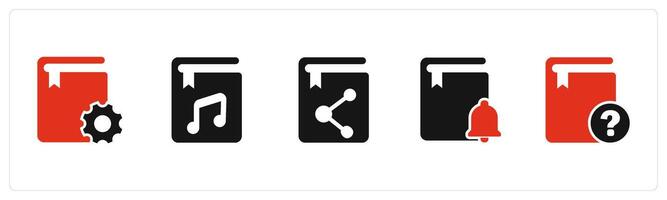 A set of 5 Document icons as book setting, music book, share book vector