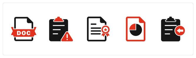 A set of 5 Document icons as doc file, page maintenance, certificate vector