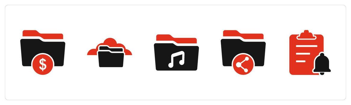 A set of 5 Document icons as finance folder, cloud folder, music folder vector