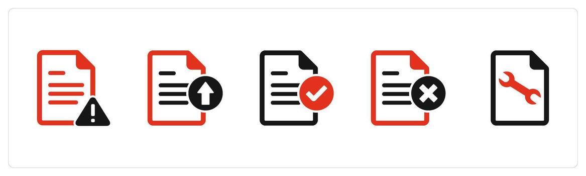 un conjunto de 5 5 documento íconos como página error, subir archivo, aprobar documento vector