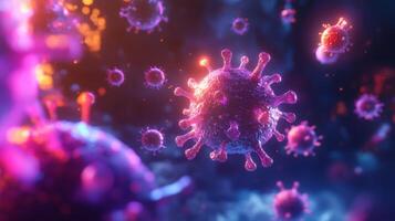A close-up of a virus particle, illuminated in vibrant purple and blue light. It is surrounded by other smaller virus particles and glowing orbs, representing a microscopic view of a viral infection. photo