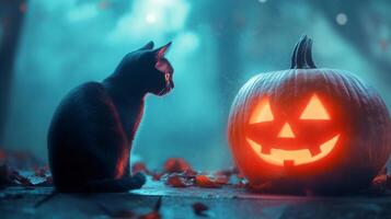 A curious black cat gazes intently at a carved pumpkin with a glowing smile, surrounded by fallen leaves in a misty forest. The atmosphere is enchanting, evoking the spirit of Halloween. photo