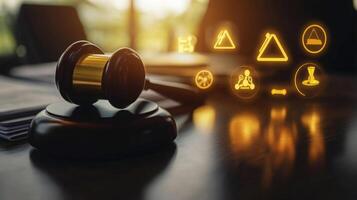 A gavel rests on a wooden desk, illuminated by warm light. Surrounding it are glowing icons symbolizing various legal concepts, capturing the essence of justice and legal proceedings. photo
