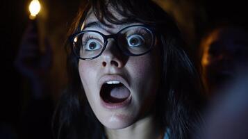 A young woman displays a shocked expression in a dimly lit environment, illuminated by a flickering light source photo