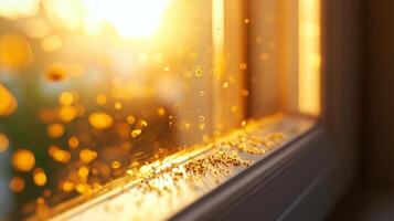 Sunlight streams through a window, creating a warm glow and revealing floating dust particles. The scene captures the tranquility of evening light softly filling the room with warmth. photo