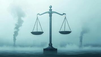 A heavy metal scale stands alone in a foggy environment, representing justice amidst visible pollution photo