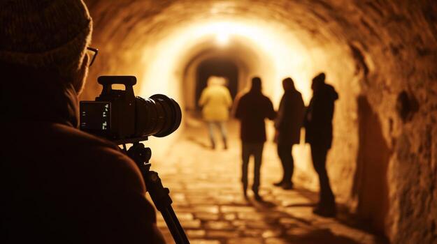 A photographer stands with a camera on a tripod, taking shots of friends walking through a dimly lit tunnel. The warm glow of lights accentuates the atmosphere, creating an adventurous mood. photo