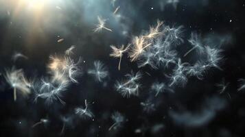 Delicate dandelion seeds drift through the air, illuminated by soft sunlight. The scene captures the beauty of nature's gentle movement, creating an ethereal atmosphere of tranquility and freedom. photo