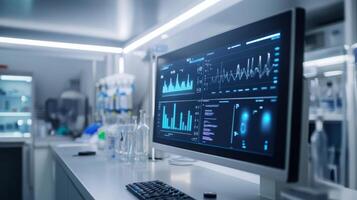 A computer monitor with various data visualization in form of graphs and charts sit on a white countertop in a laboratory setting. photo