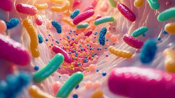 Bacteria and microorganisms of various shapes and colors populate a vibrant human gut, showcasing the intricate and dynamic ecosystem. This microscopic view highlights the diversity of life inside. photo